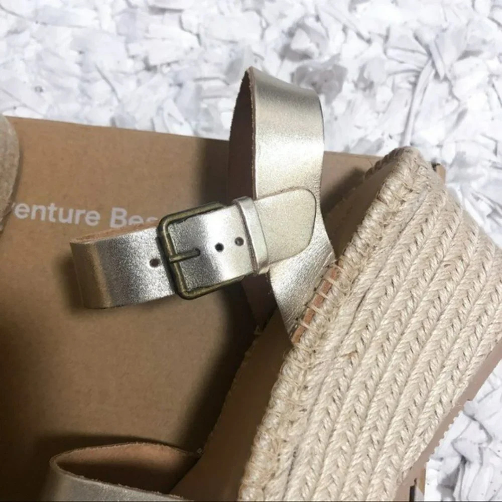 Anthro Soludos Platform Gold Leather Espadrille 10 - Picture 8 of 13